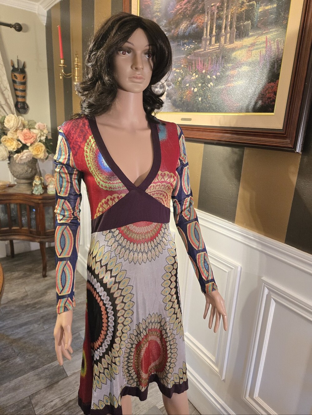Desigual Red Multicolor V-Neck Long Sleeve Dress